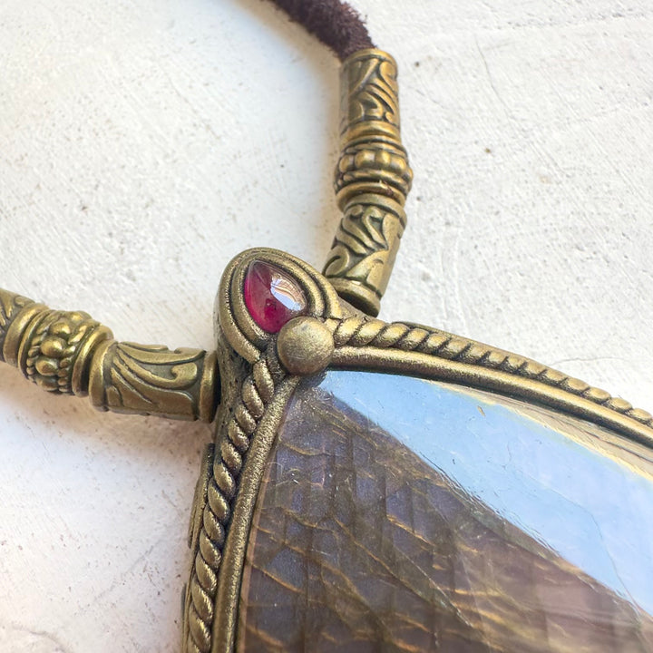 Close up of Sunset Labradorite and Aura Quartz pendant necklace