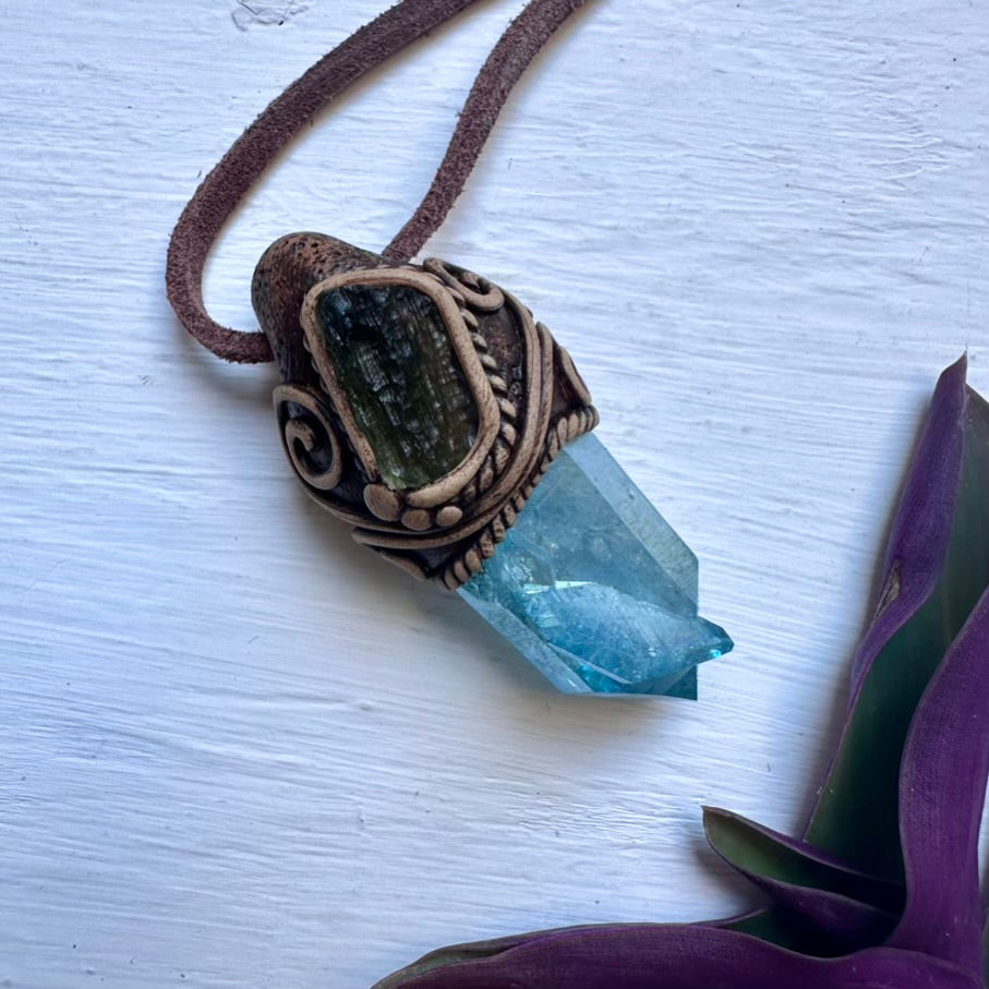 Aqua Aura Quartz and Moldavite Pendant Necklace - FairyGardenGlow