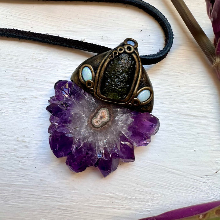 Amethyst Stalactite Moldavite and Australian Opal Necklace - FairyGardenGlow