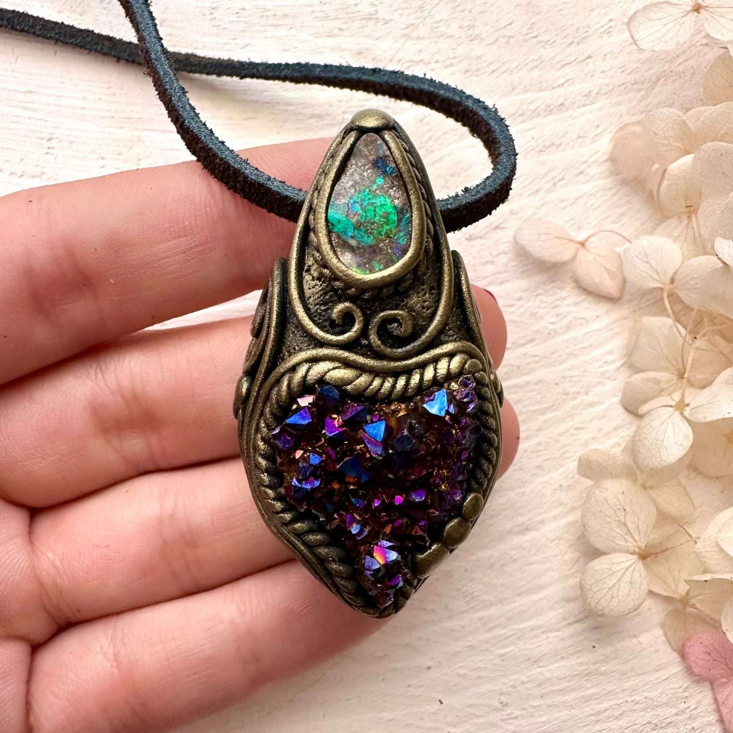 Cobalt Aura Quartz Cluster and Boulder Opal Pendant Necklace - FairyGardenGlow