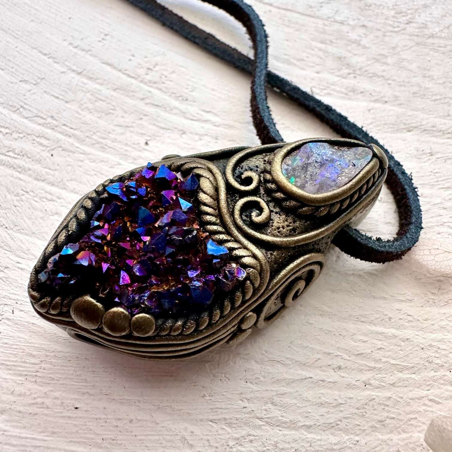 Cobalt Aura Quartz Cluster and Boulder Opal Pendant Necklace - FairyGardenGlow