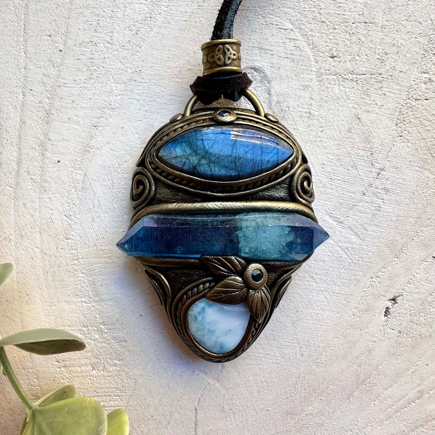 Double Terminated Aqua Aura Quartz, Labradorite, Larimar and Blue Sapphire Pendant Necklace