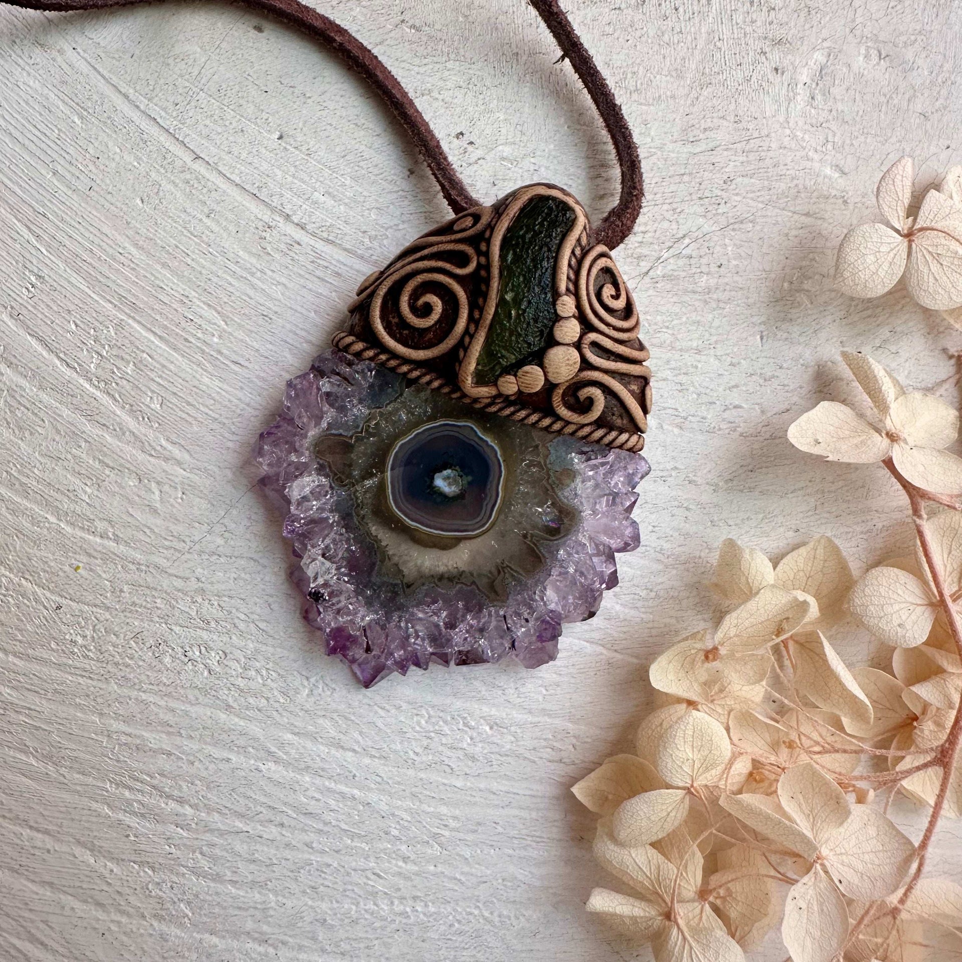 Amethyst Stalactite and Moldavite Pendant Necklace - FairyGardenGlow