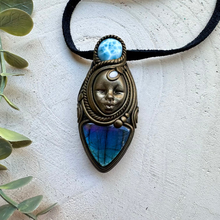 Handmade crystal necklace with labradorite larimar and opal