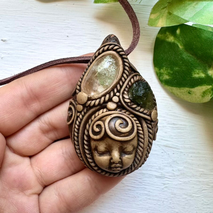Chlorite Quartz and Moldavite Goddess Necklace - FairyGardenGlow