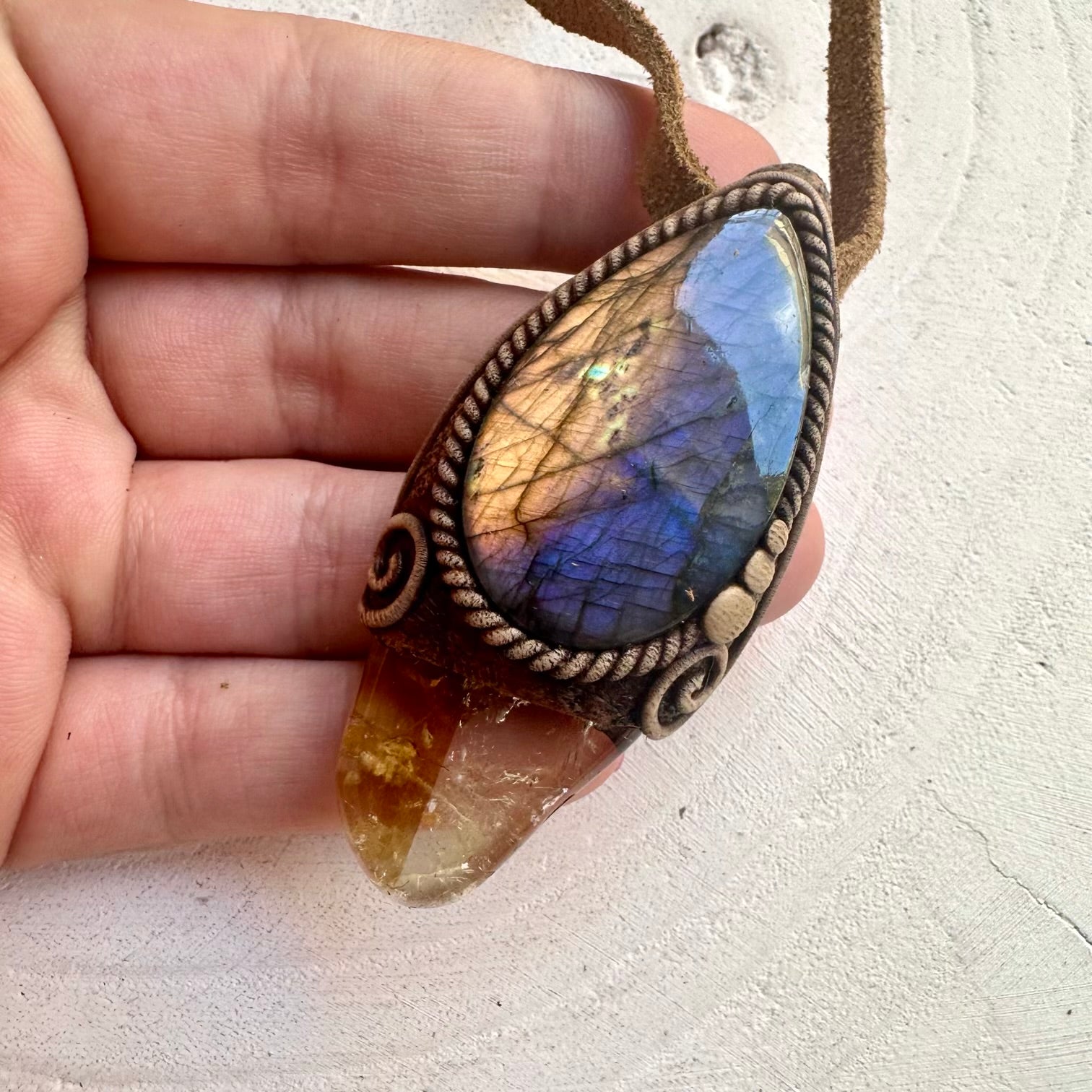 Bi Color Citrine Necklace with Labradorite – Spiritual Crystal Jewelry, Handmade Pendant