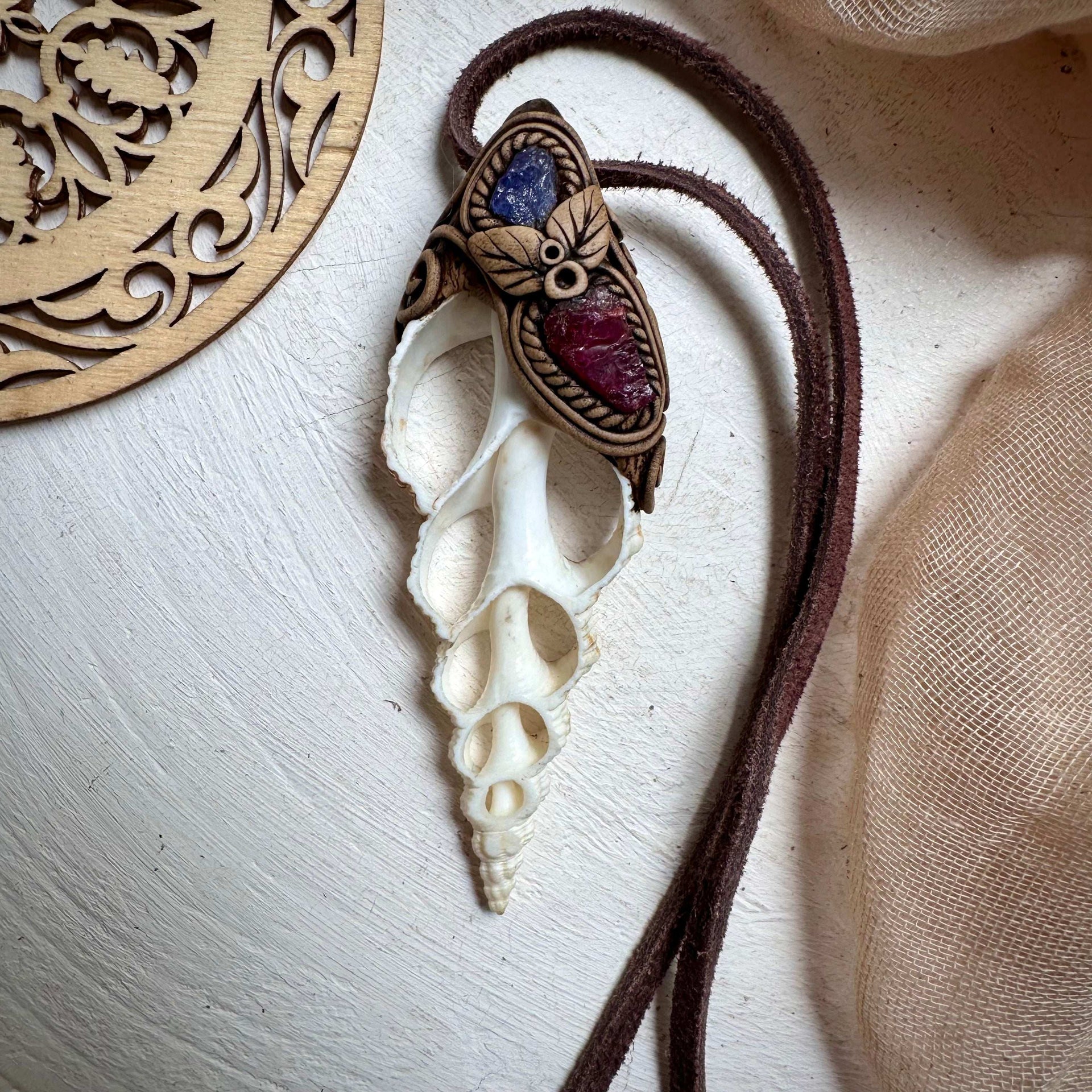 Seashell Rhodolite Garnet and Tanzanite Necklace - FairyGardenGlow