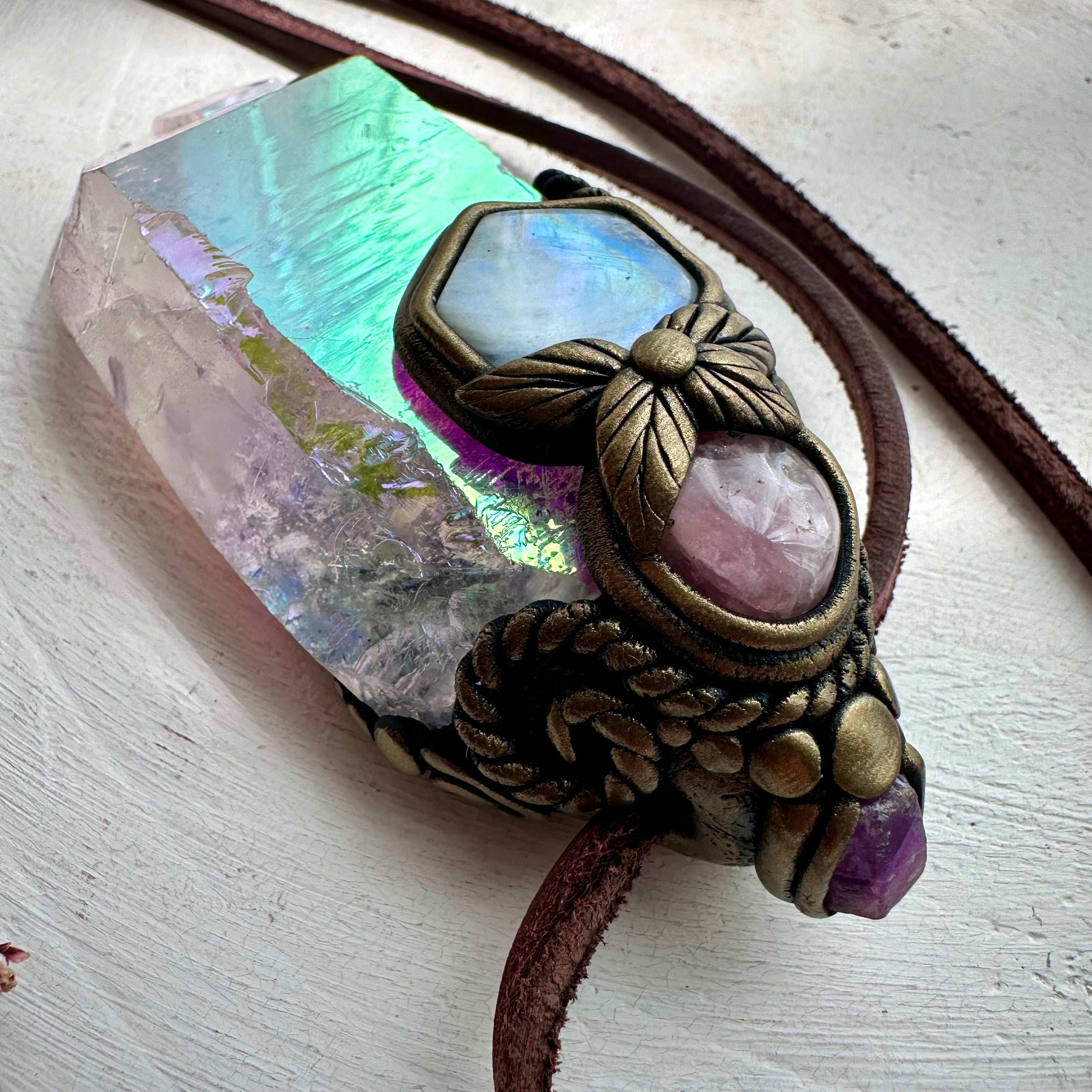 Crystal Wand / Pendant, Angel Aura Quartz Rainbow Moonstone, Rose Quartz, Raw Ruby - FairyGardenGlow