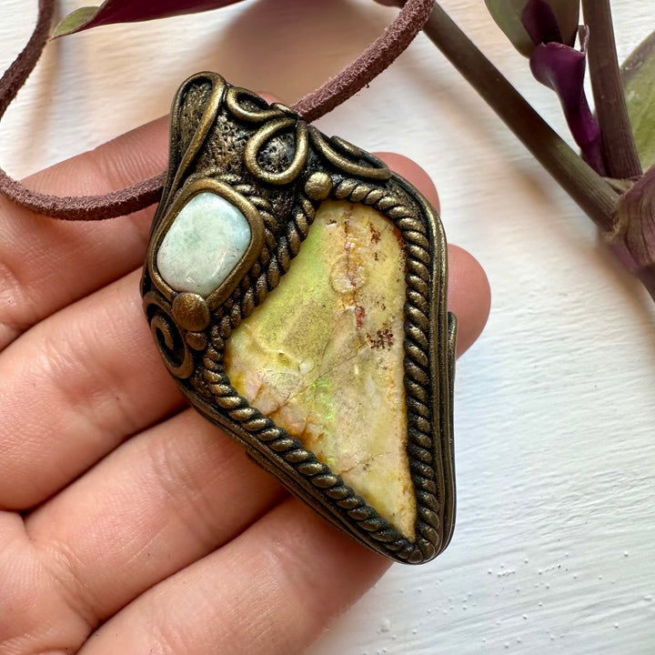 Boulder Opal and Larimar Necklace - FairyGardenGlow