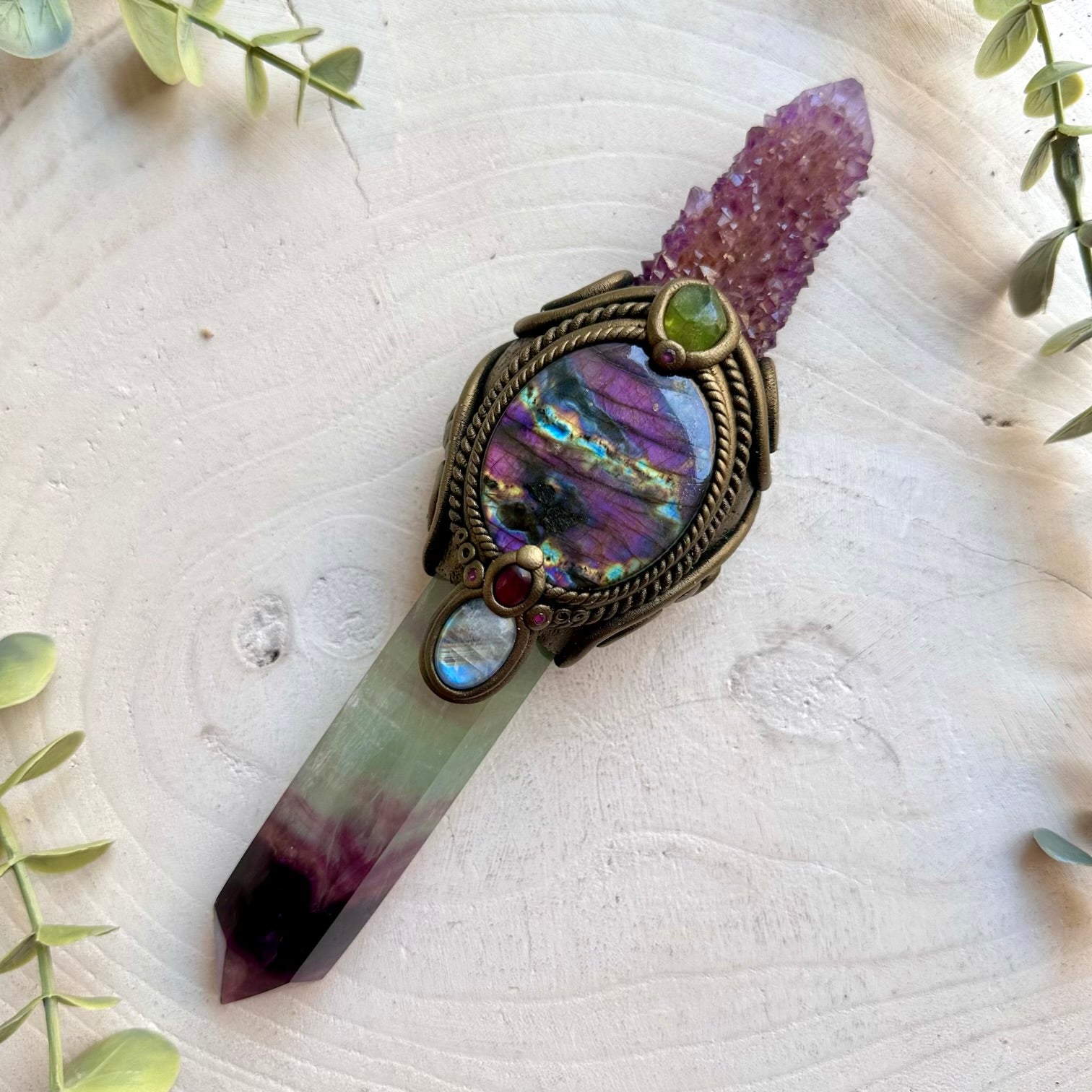 Handmade crystal wand combining Spirit Quartz, Purple Labradorite, Raw Peridot and Ruby.