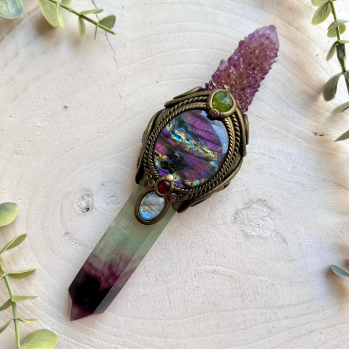 Handmade crystal wand combining Spirit Quartz, Purple Labradorite, Raw Peridot and Ruby.