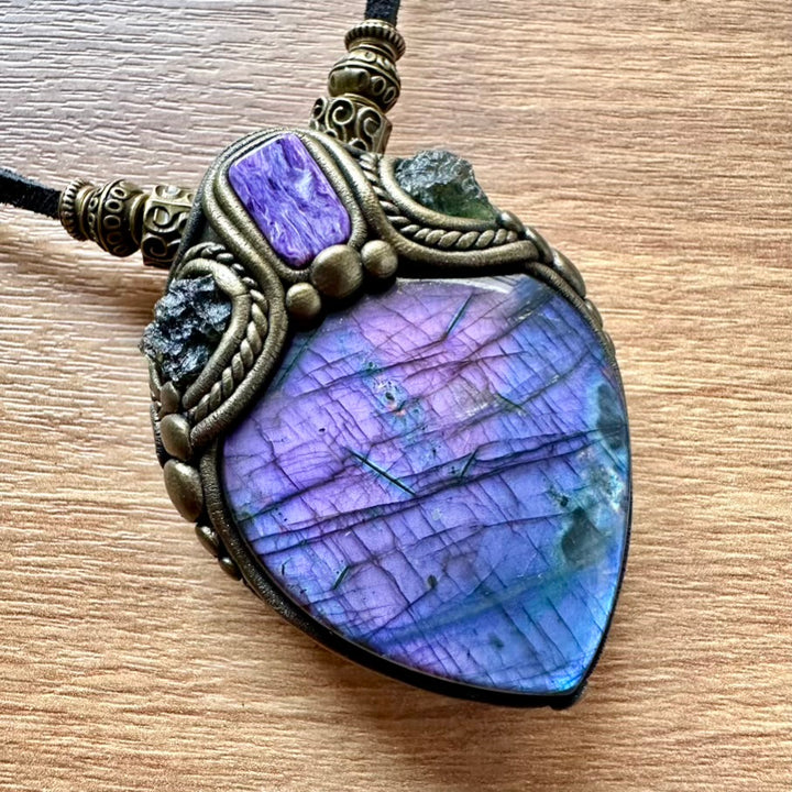 Purple Labradorite Moldavite and Charoite Pendant Necklace, Unique Protection Amulet - FairyGardenGlow
