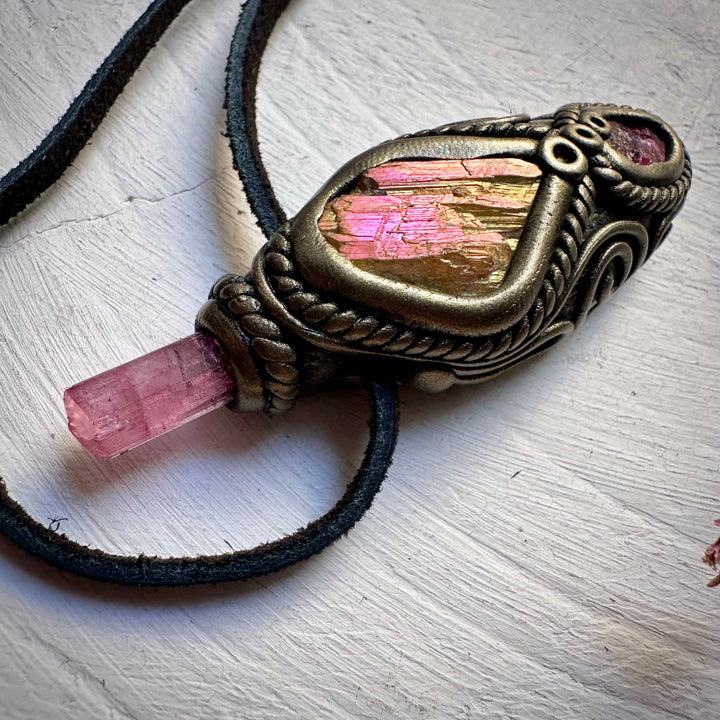 Sunset Aura Kunzite with Pink Tourmaline and Rhodonite Necklace - FairyGardenGlow