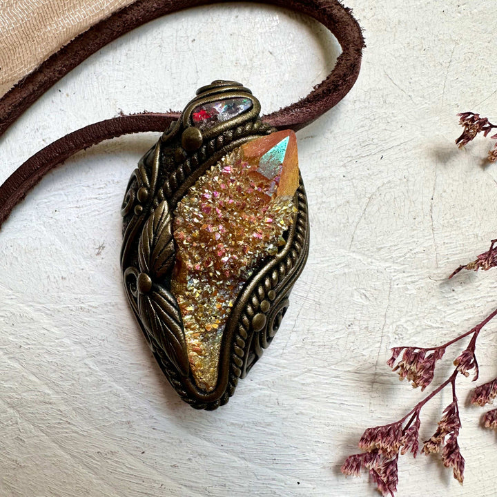 Sunset Aura Spirit Quartz and Boulder Opal Necklace - FairyGardenGlow