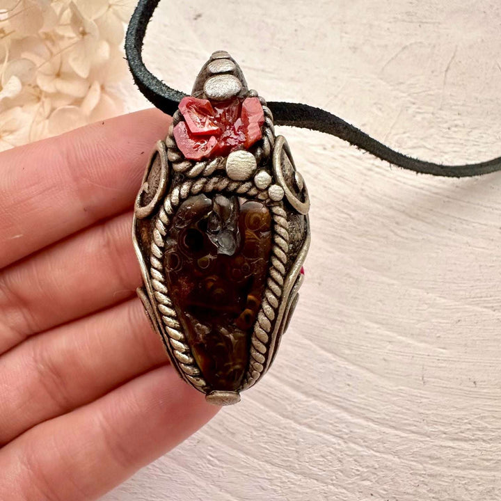 Fire Agate and Vanadinite Pendant, Handmade Crystal Jewelry - FairyGardenGlow
