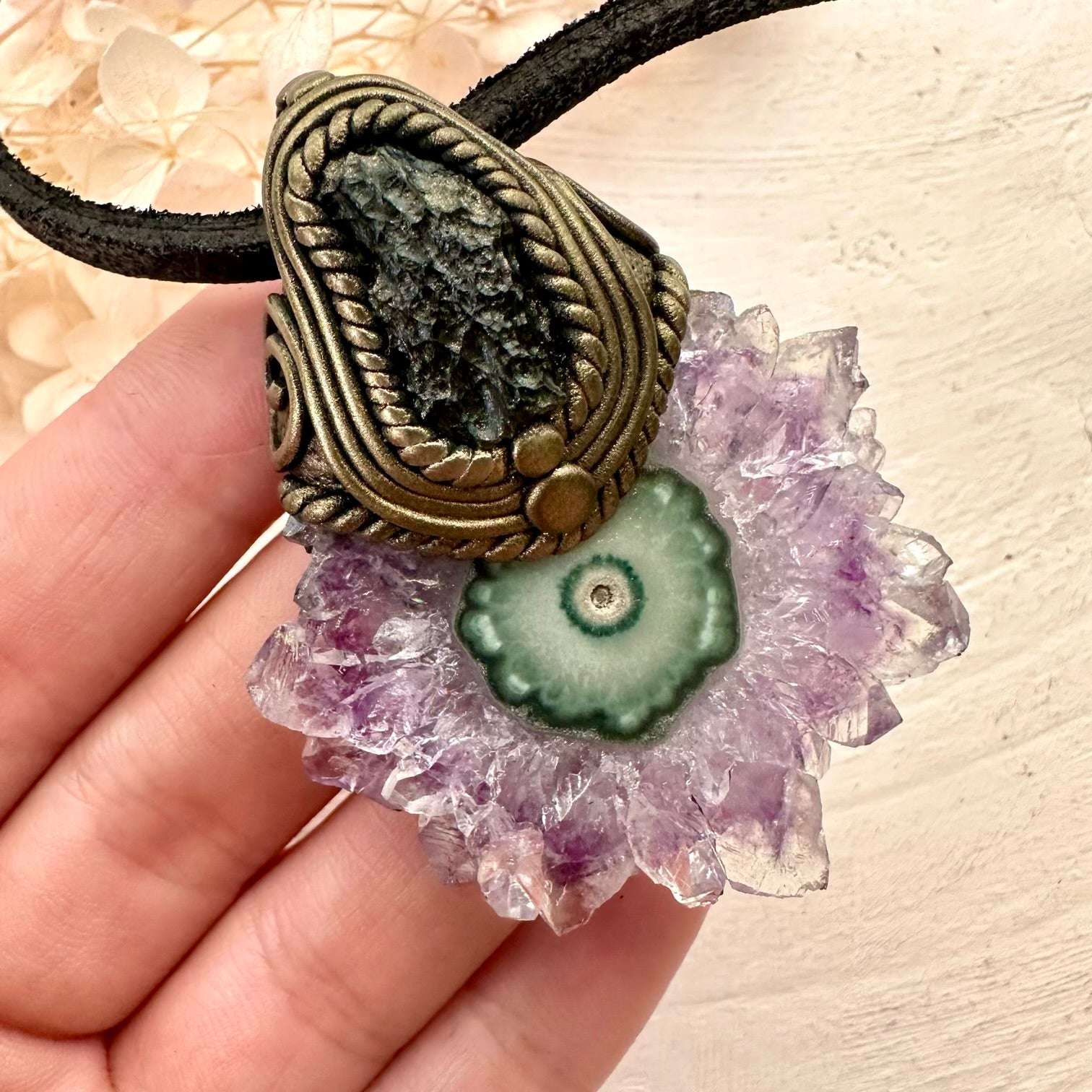 Amethyst Stalactite and Raw Moldavite Pendant Necklace - FairyGardenGlow