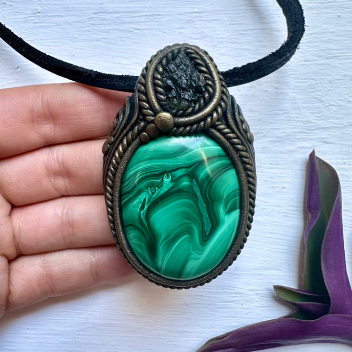 Malachite and Moldavite Necklace - FairyGardenGlow