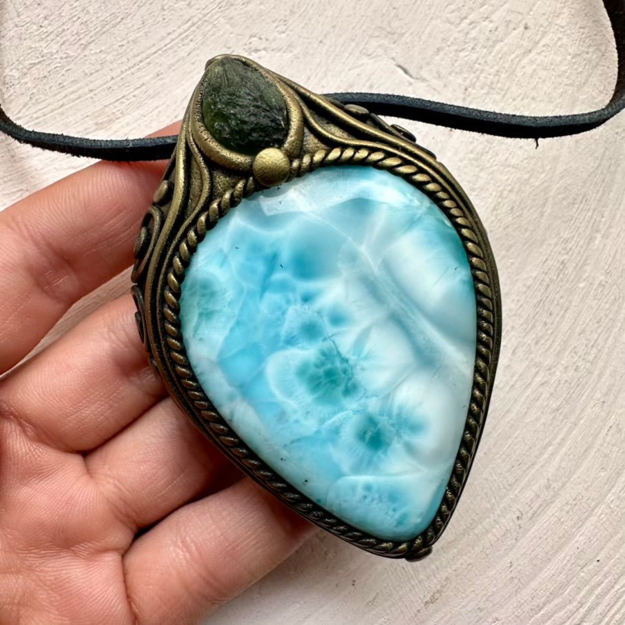 Large Larimar and Moldavite Pendant Necklace, Healing Crystal Jewelry FairyGardenGlow