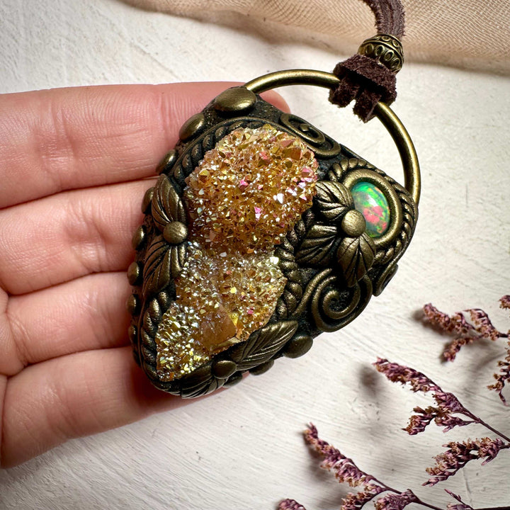 Sunset Aura Spirit Quartz and Ethiopian Opal Necklace - FairyGardenGlow