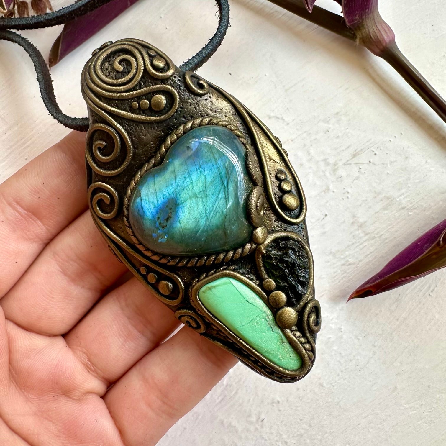 Labradorite Heart Chrysoprase and Moldavite Necklace - FairyGardenGlow