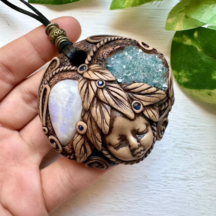 Handmade Goddess Crystal Necklace with Aqua Aura Quartz Moonstone and Blue Sapphire - FairyGardenGlow