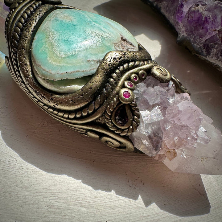 Angel Aura Lemurian Quartz Spirit Quartz Caribbean Calcite Heart Morganite Opal Spinel and Ruby Wand - FairyGardenGlow