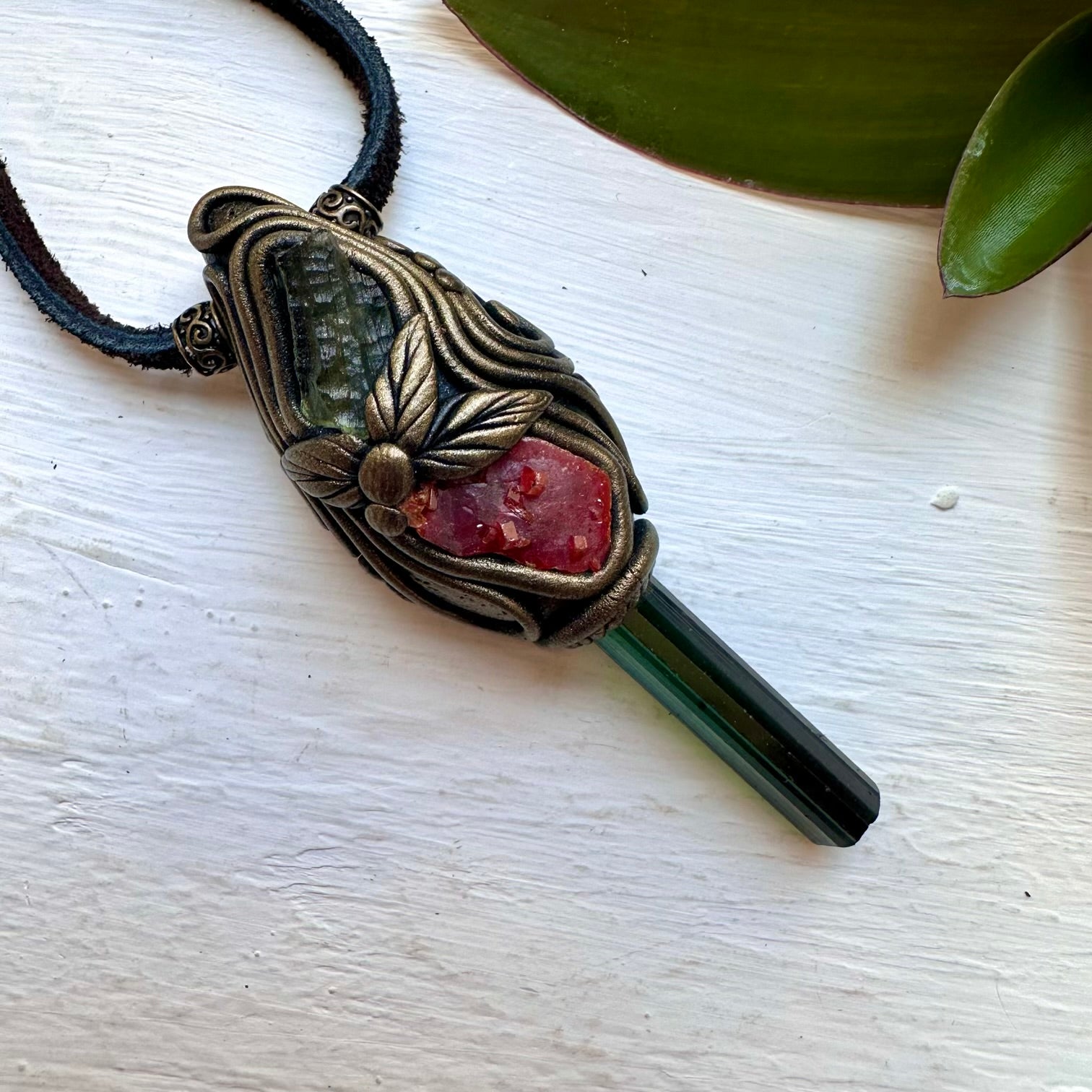 Blue-Green Tourmaline Vanadinite and Moldavite Necklace, Healing Crystal Jewelry - FairyGardenGlow