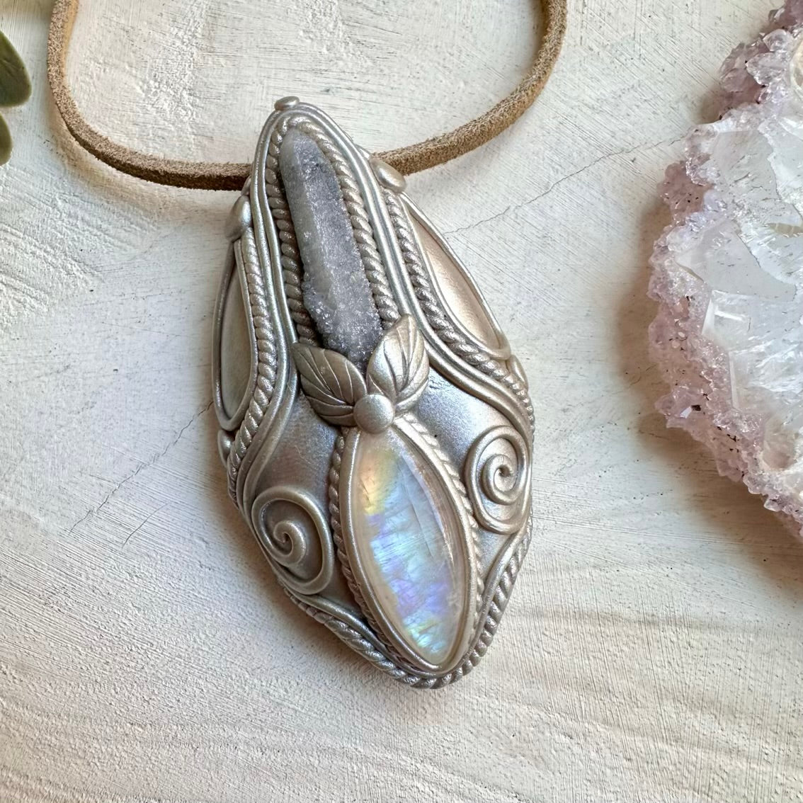 Aqua Aura Spirit Quartz and Rainbow Moonstone Pendant, Raw Crystal Necklace