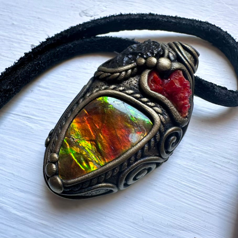 Ammolite Vanadinite Moldavite Necklace - FairyGardenGlow