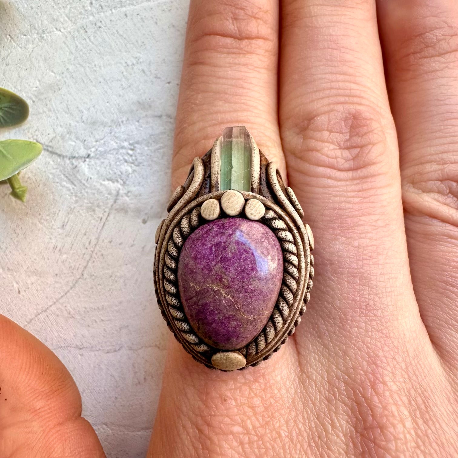 Stichtite and Bi Color Tourmaline Handmade Adjustable Ring