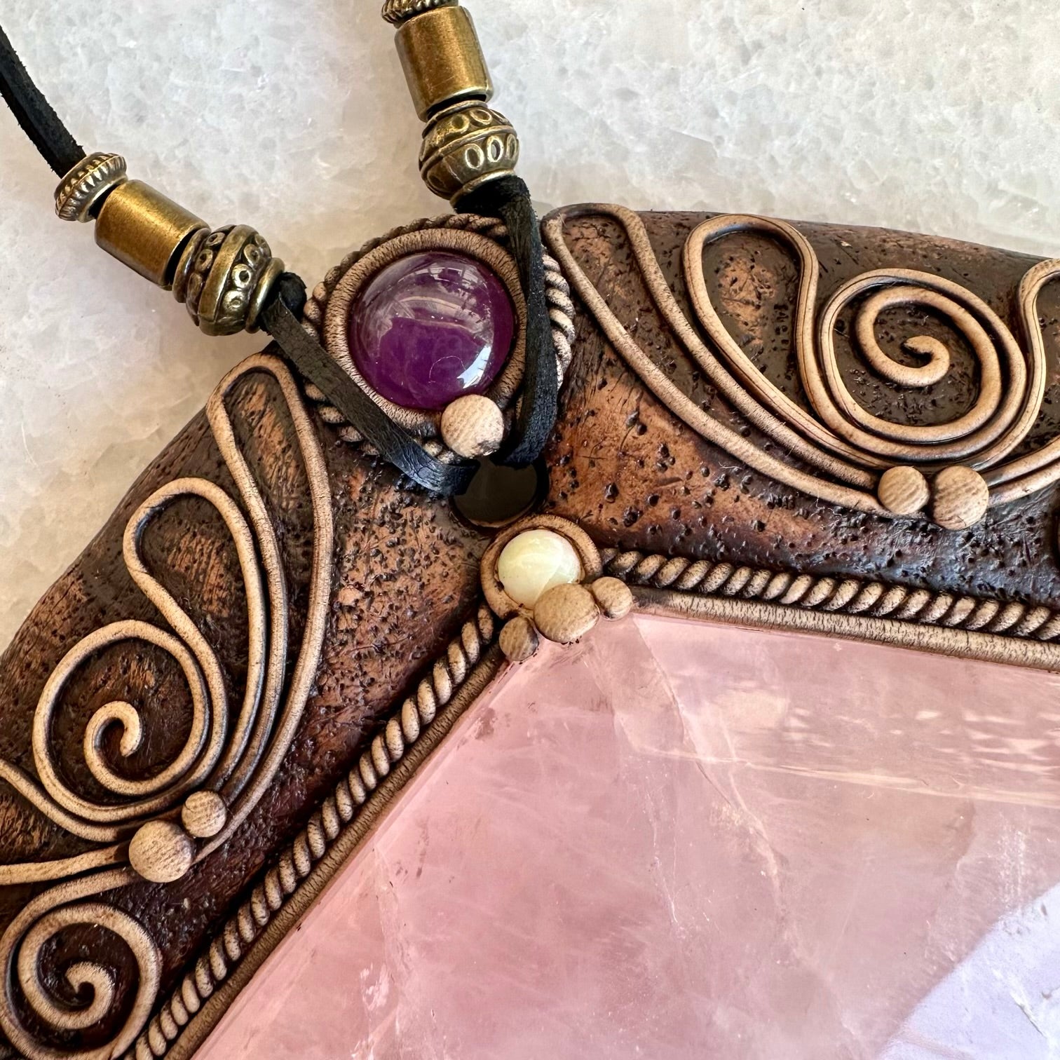 Handmade Crystal Wall Hanging, Unique Gemstone Home Decor, Spiritual One of a kind Wall Art with Rose Quartz Ammonite Red Garnet Moldavite Hessonite Garnet Amethyst and Australian Opal - FairyGardenGlow