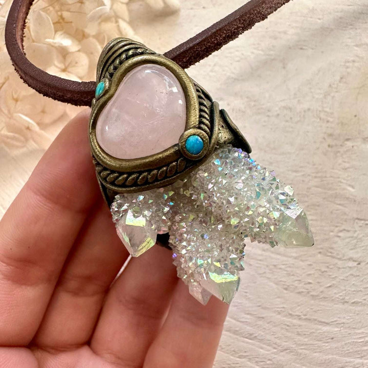 Angel Aura Spirit Quartz Cluster Rose Quartz and Australian Opal Necklace - FairyGardenGlow