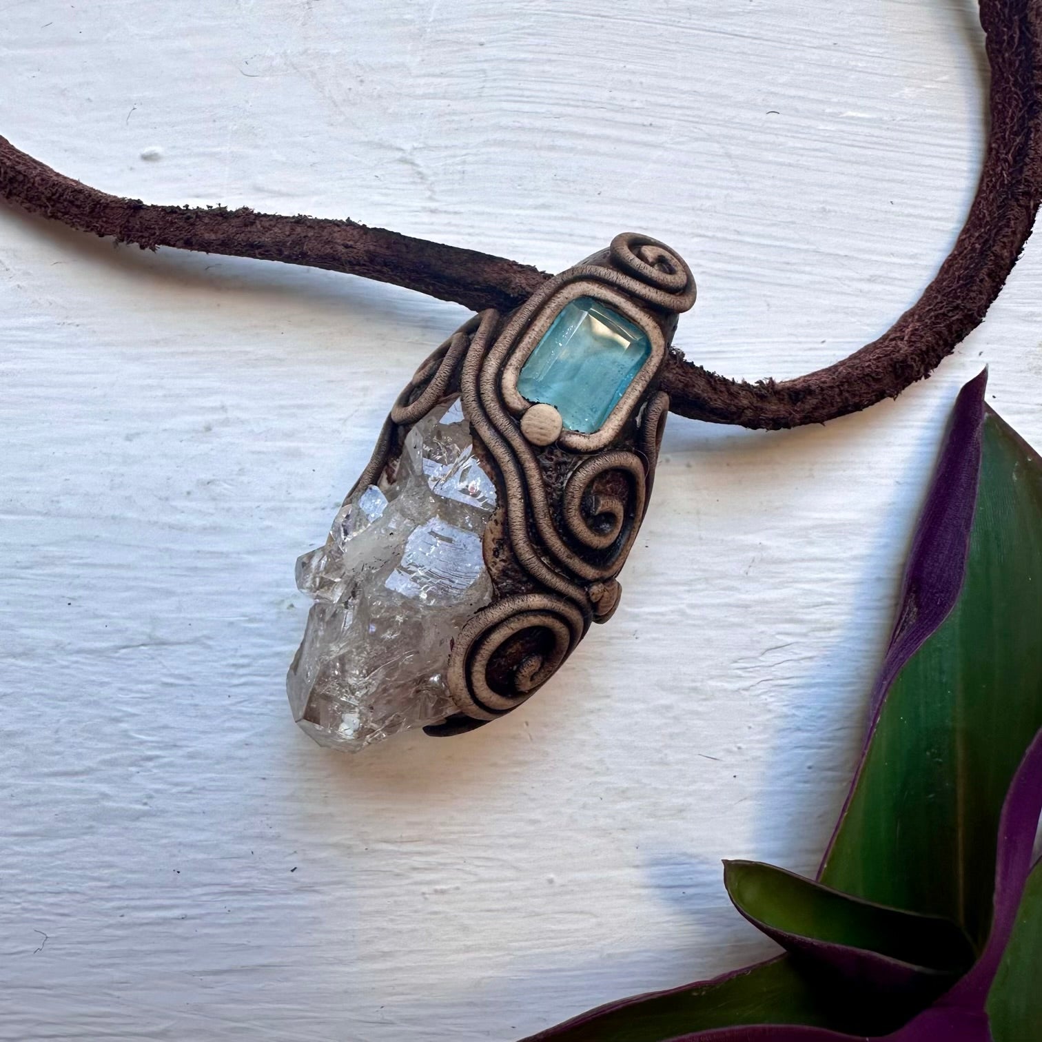 Herkimer Diamond Quartz and Blue Topaz Pendant Necklace - FairyGardenGlow