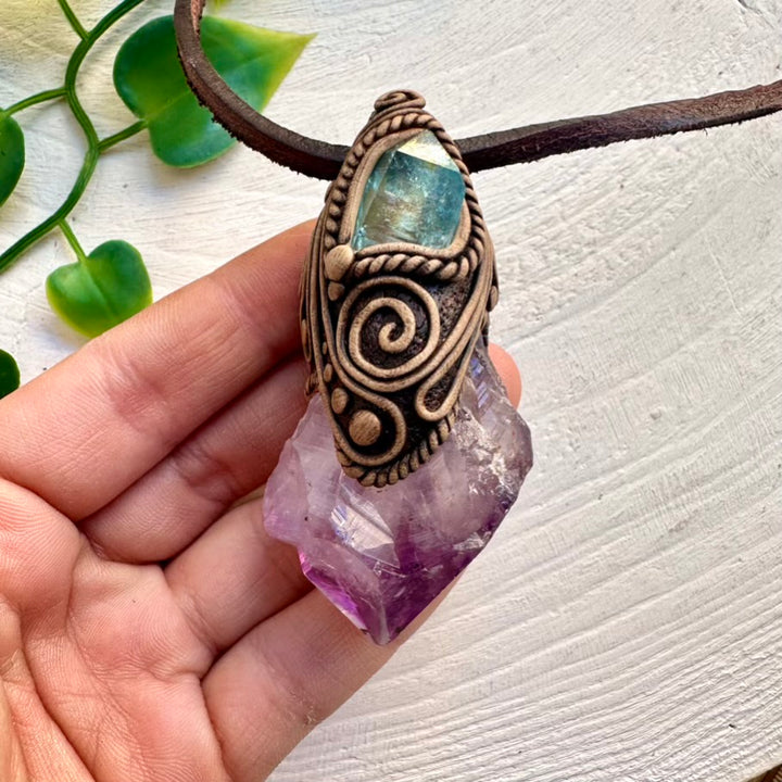 Natural raw Amethyst pendant with Aqua Aura Quartz crystal