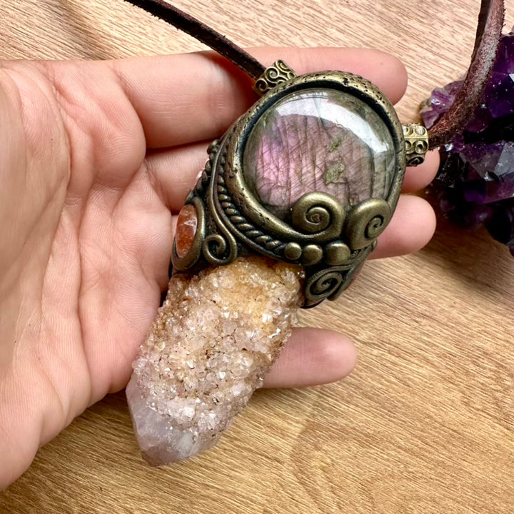 Spirit Quartz Purple Labradorite Sunstone and Rhodochrosite Healing Crystal Talisman / Handmade Crystal Wand-Pendant - FairyGardenGlow