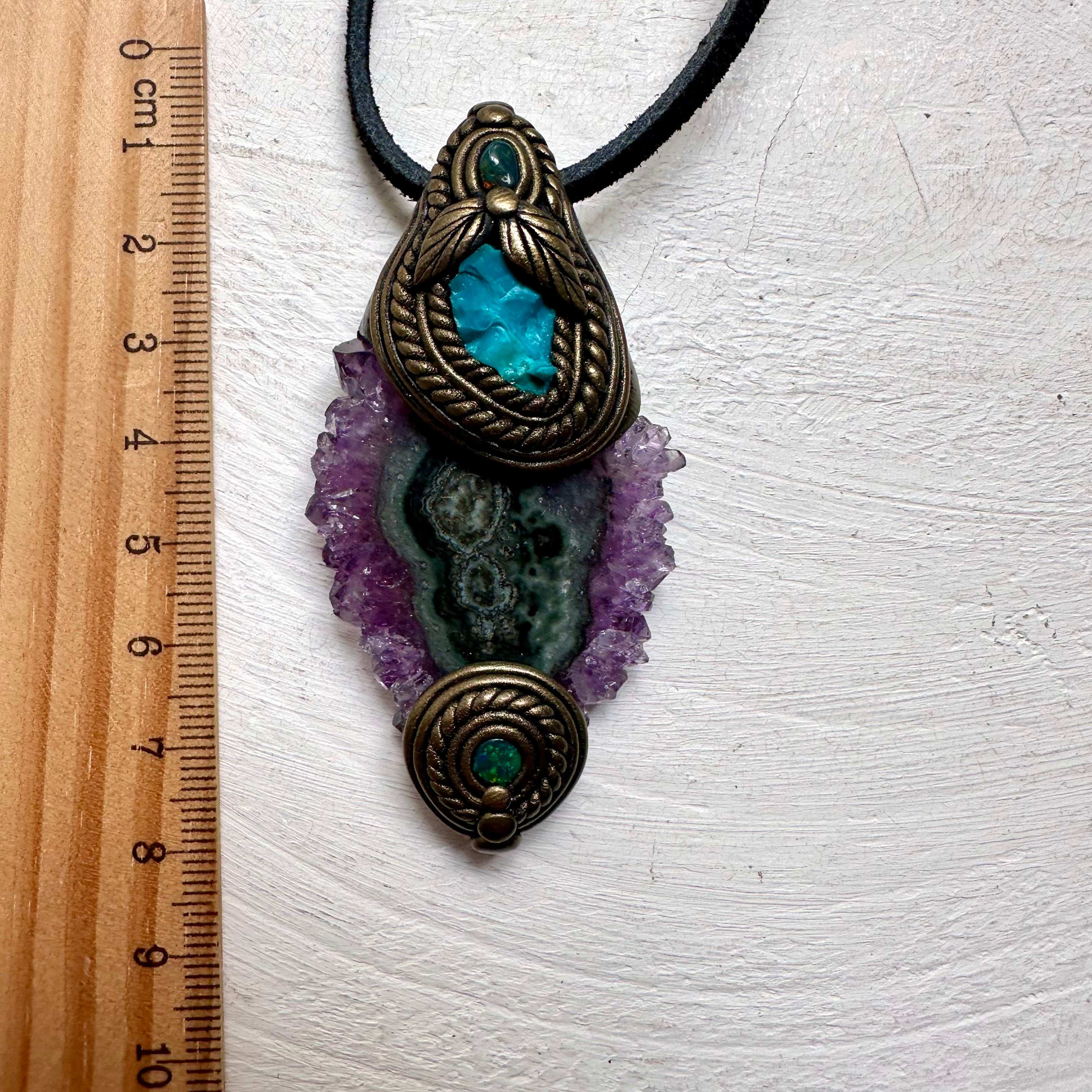 Amethyst Stalactite Raw Chrysocolla and Black Opal Necklace - FairyGardenGlow