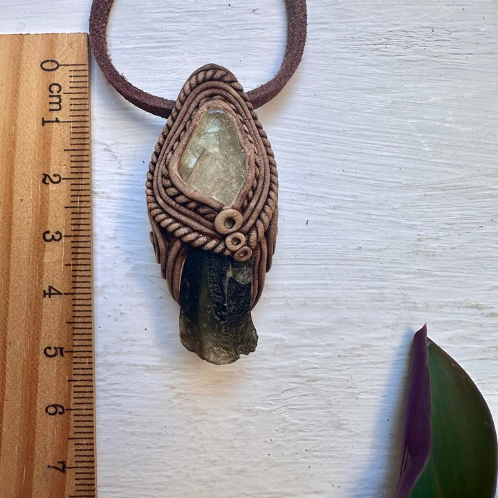 Moldavite and Hiddenite Pendant Necklace - FairyGardenGlow