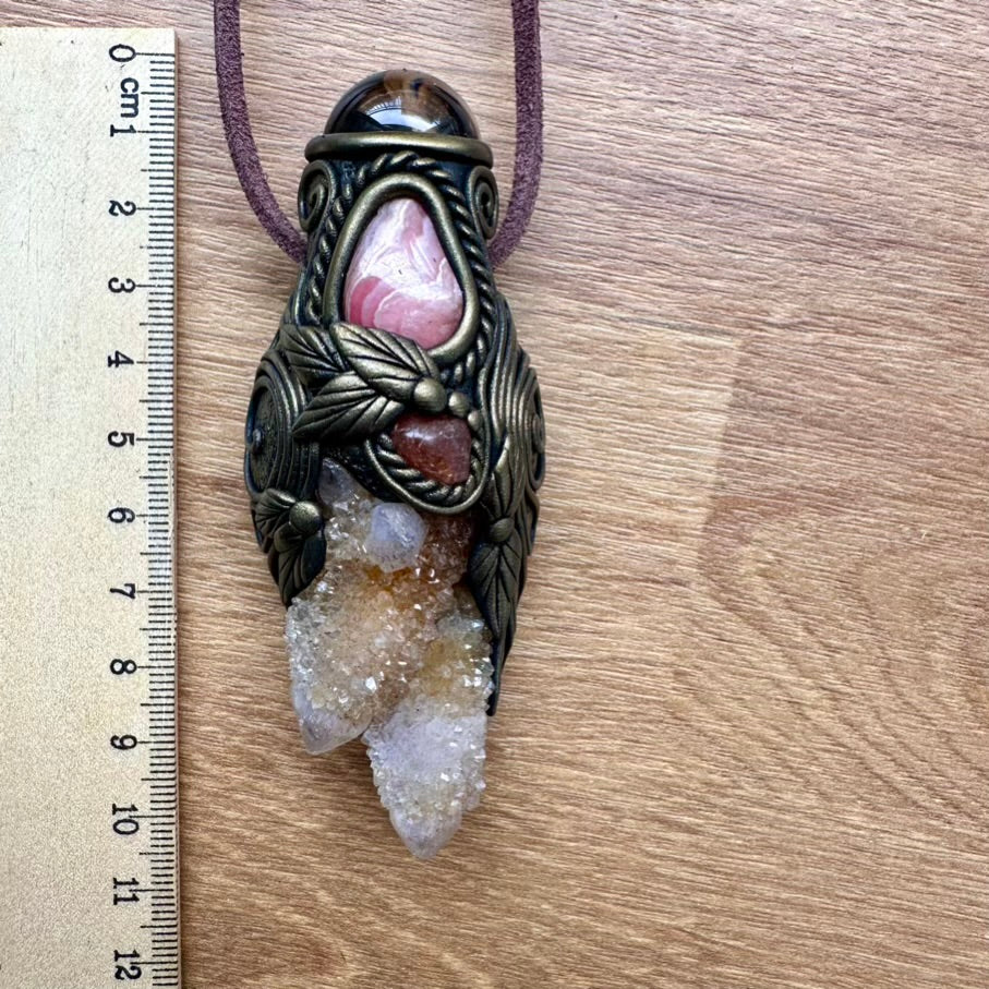 Spirit Quartz Smoky Quartz Rhodochroiste and Sunstone Crystal Talisman / Handmade Gemstone Wand-Pendant - FairyGardenGlow