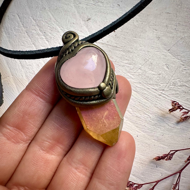 Sunset Aura Quartz and Rose Quartz Heart Necklace - FairyGardenGlow