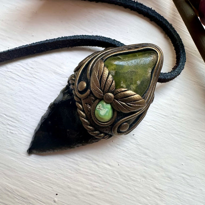 Black Obsidian Arrowhead Vesuvianite and Tibetan Turquoise Pendant - FairyGardenGlow