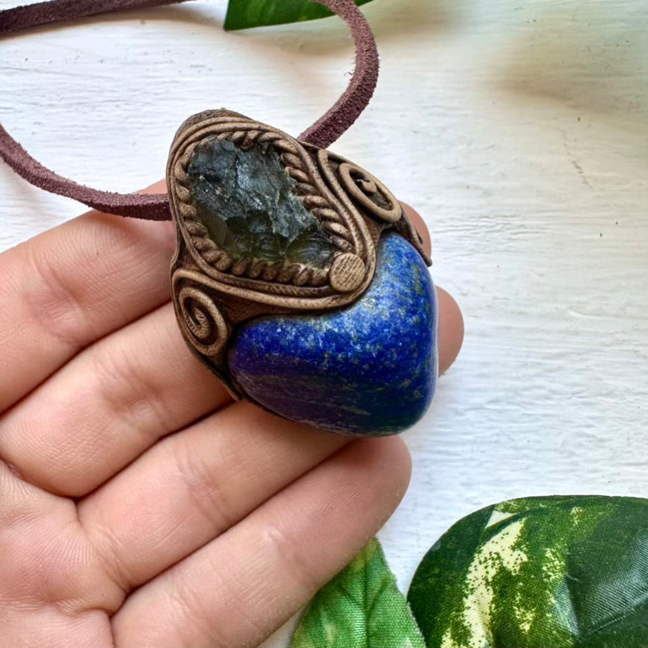Lapis Lazuli and Moldavite Necklace - FairyGardenGlow