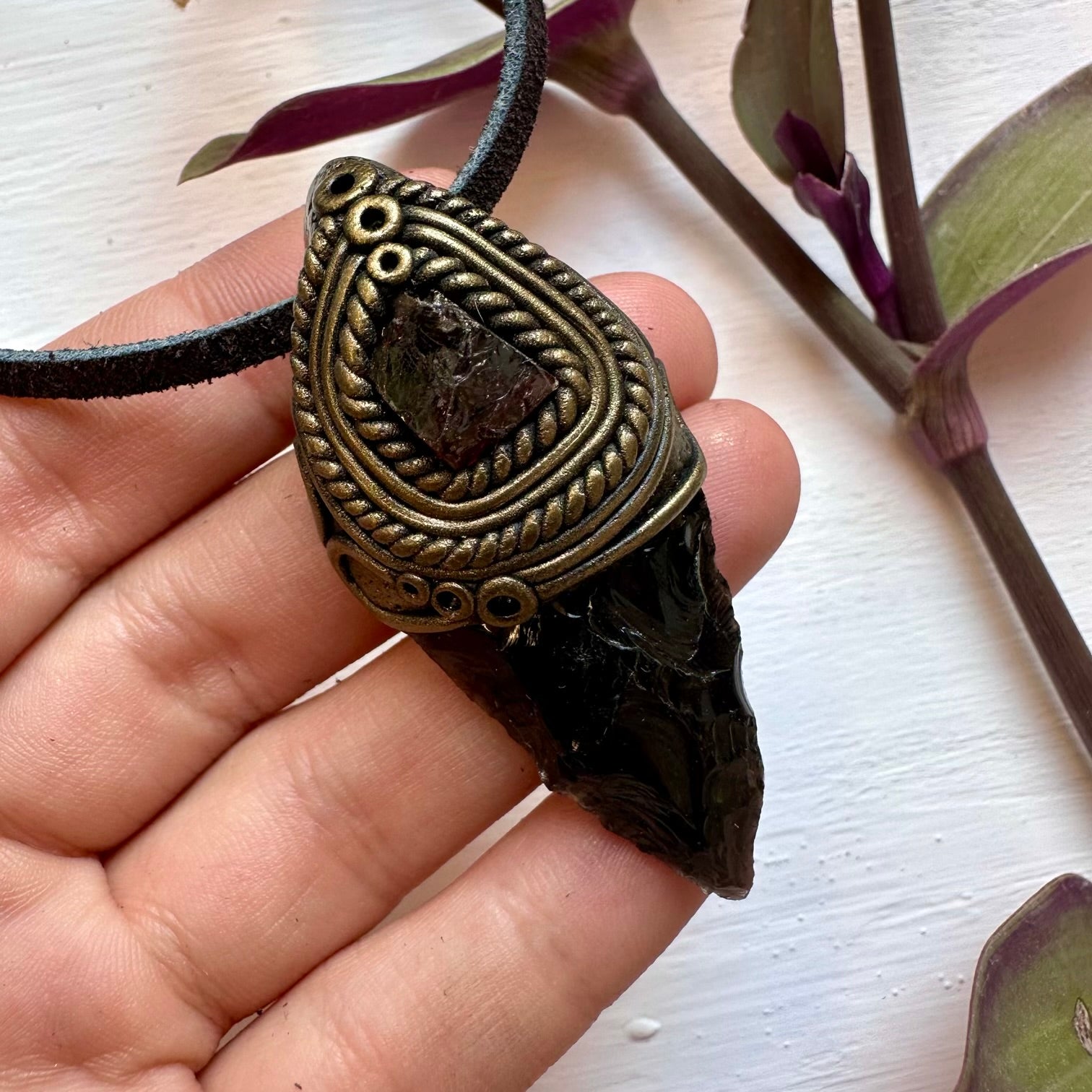 Black Obsidian Arrowhead and Red Garnet Necklace - FairyGardenGlow