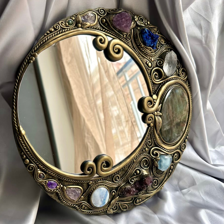 Handmade Crystal Mirror - Labradorite, Aquamarine, Clear Quartz, Spirit Quartz, Rose Quartz, Moonstone, Azurite, Amethyst, Charoite & Black Ethiopian Opal