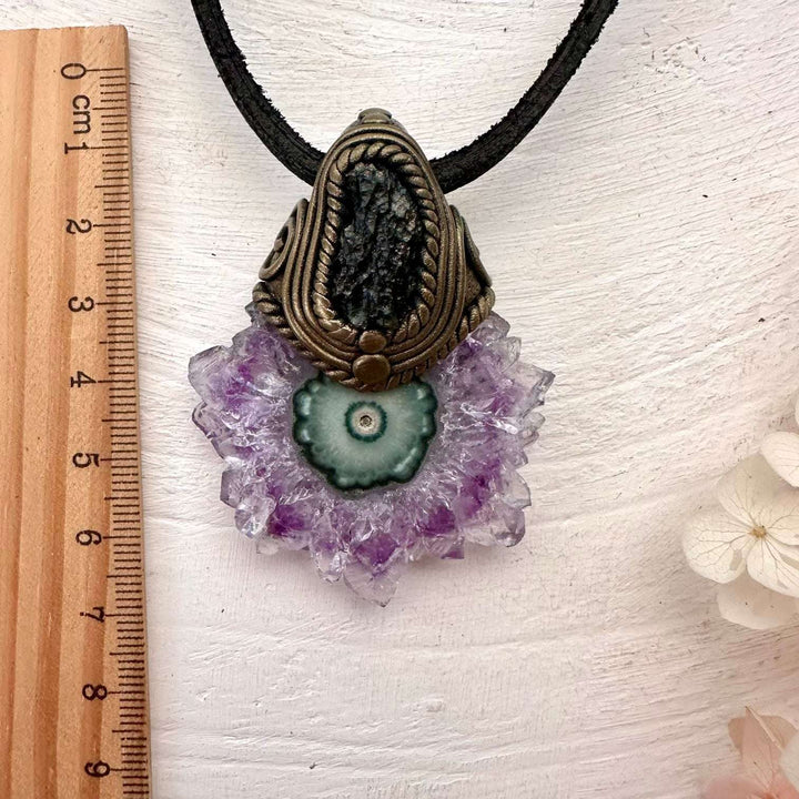 Amethyst Stalactite and Raw Moldavite Pendant Necklace - FairyGardenGlow