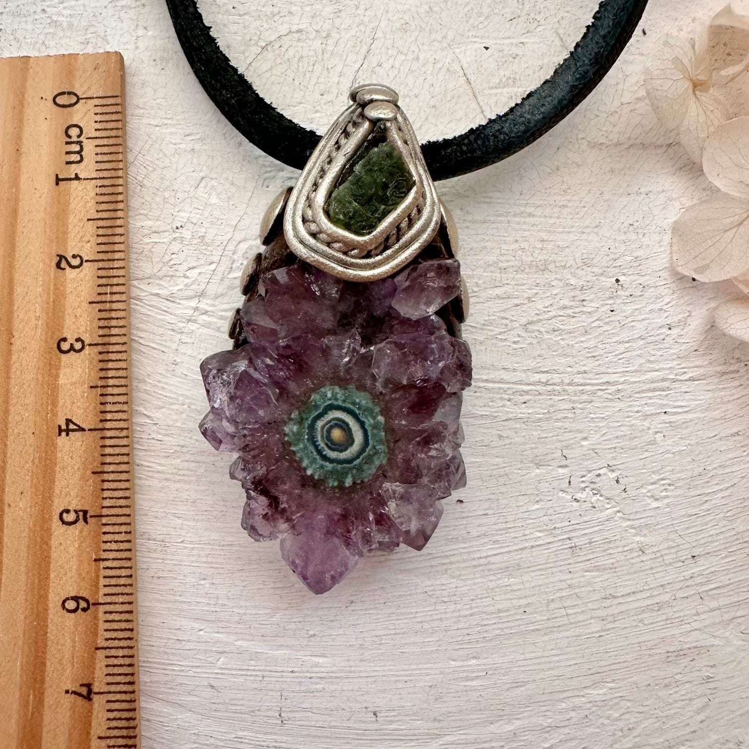 Amethyst Stalactite and Raw Moldavite Crystal Necklace - FairyGardenGlow