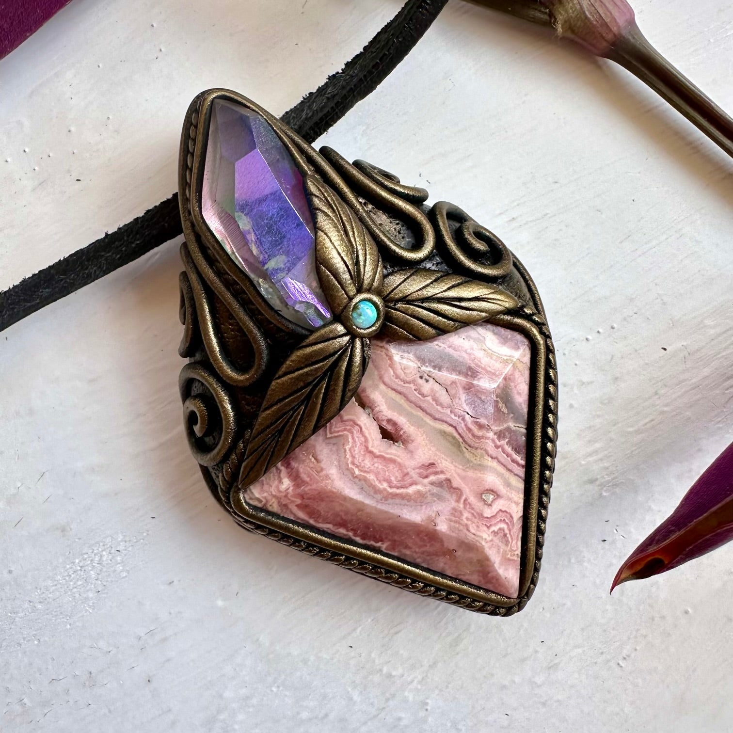 Rhodochrosite Angel Aura Quartz and Australian Opal Pendant Necklace - FairyGardenGlow