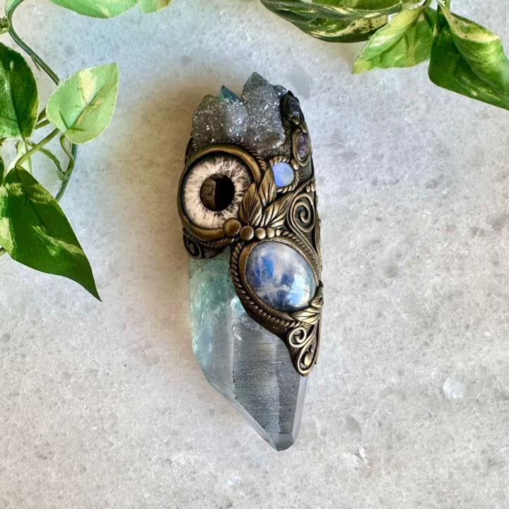 Aqua Aura Quartz Rainbow Moonstone Aqua Aura Spirit Quartz Australian Opal and Tanzanite Third Eye Healing Crystal Wand - FairyGardenGlow