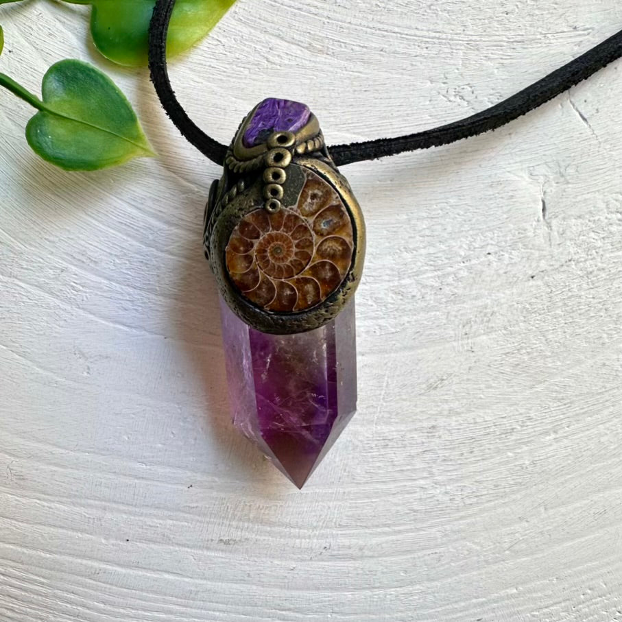 Unique Handmade Pendant – Ametrine and Ammonite Crystal Wand for Emotional Balance