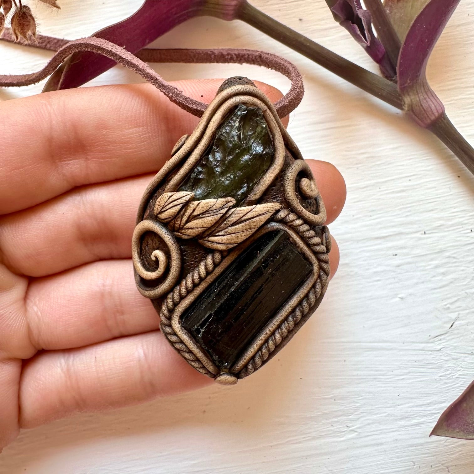 Black Tourmaline and Moldavite Necklace - FairyGardenGlow