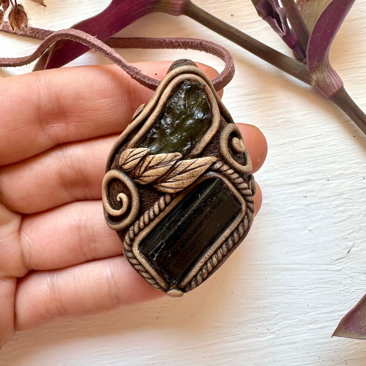 Black Tourmaline and Moldavite Necklace - FairyGardenGlow